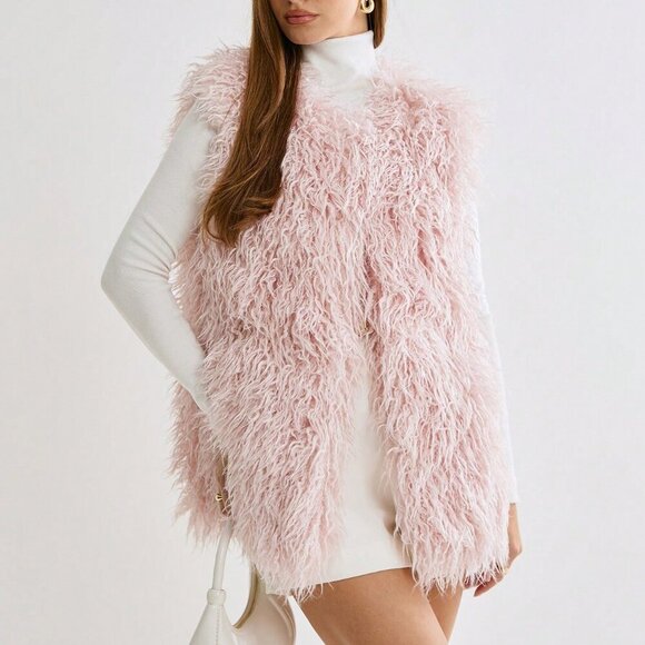 Pink Party Women's Fluffy Long Hair Tank Top Jacket - Picture 6 of 8
